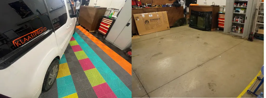 Pildil erivärviline Tuff-Tile põrandaplaatidest põrand