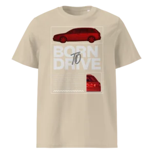 Beež T-särk Born To Drive disainiga, millel on filtriga töödeldud Audi A4 Avant pilt ja väike tagantvaate lisapilt all paremal