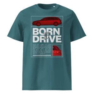 Sinakas-roheline T-särk Born To Drive disainiga, filtriga töödeldud Audi A4 Avant pildiga ja kontrastse sloganiga.