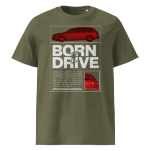 Khaki toonis tumeroheline T-särk Born To Drive kujundusega, filtriga töödeldud Audi A4 Avant külgvaate ja suure slogani tekstiga.