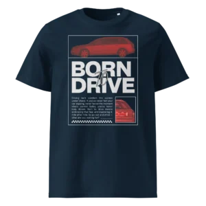 Tumesinine T-särk Born To Drive kujundusega, kus on filtriga töödeldud Audi A4 Avant ja tugev slogan esiküljel.