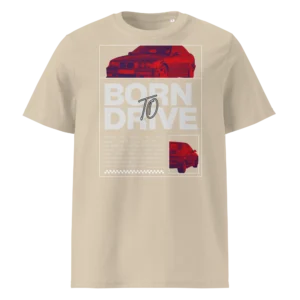 Beeži t-särgi põhipilt (särgi kujundus) „Born To Drive BMW E36 M3 graafiline kujundus filtriga töödeldud punase BMW E36 M3 esivaatega ja suure slogani tekstiga.“ Ülemine suur autopilt „Filtriga töödeldud BMW E30 M3 esivaade punastes toonides mustal taustal.“ Alumine väike autopilt „Filtriga töödeldud BMW E30 M3 tagantvaade parema nurga alt punastes toonides.“