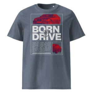 Hallikas, sinise t-särgi põhipilt (särgi kujundus) „Born To Drive BMW E36 M3 graafiline kujundus filtriga töödeldud punase BMW E36 M3 esivaatega ja suure slogani tekstiga.“ Ülemine suur autopilt „Filtriga töödeldud BMW E30 M3 esivaade punastes toonides mustal taustal.“ Alumine väike autopilt „Filtriga töödeldud BMW E30 M3 tagantvaade parema nurga alt punastes toonides.“