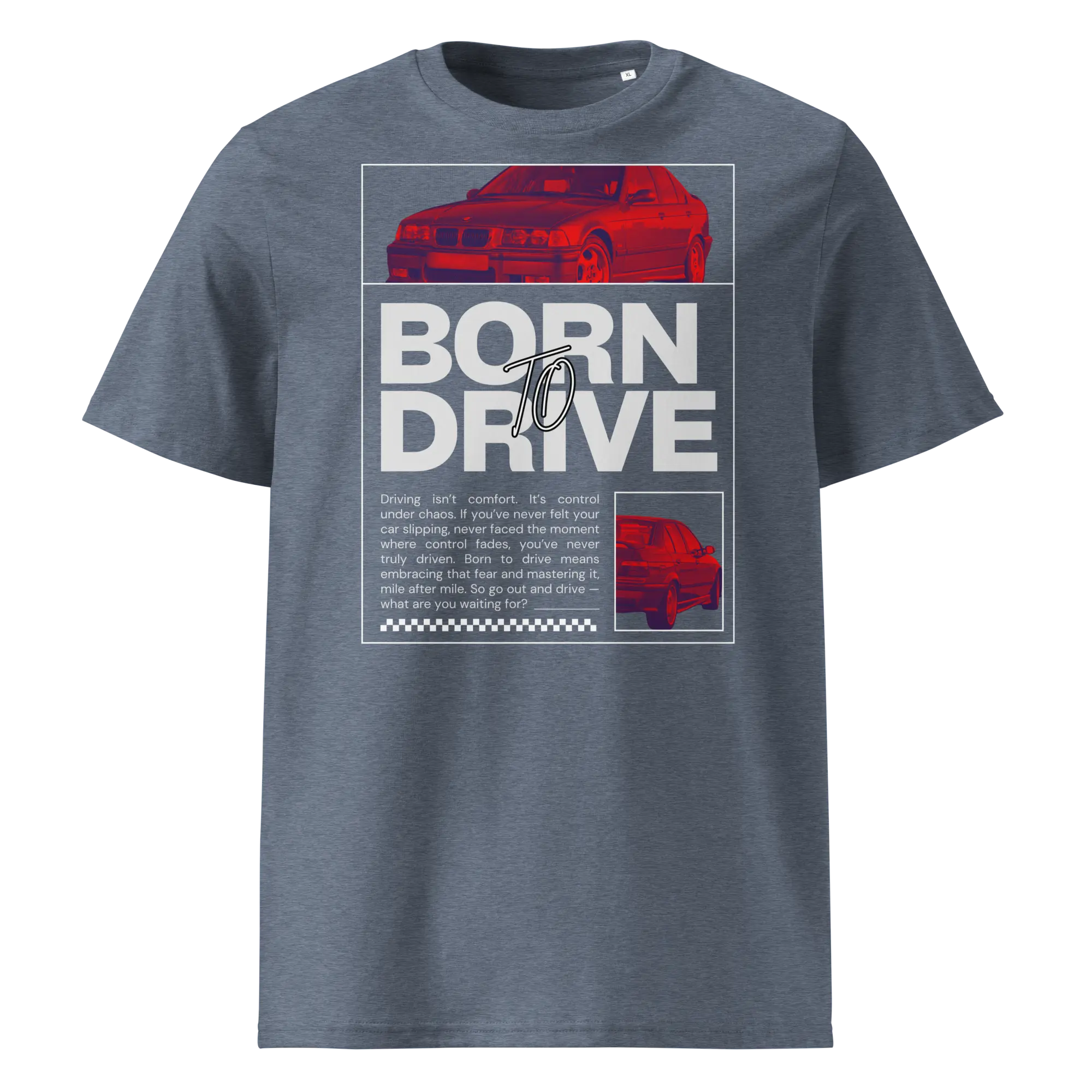 Hallikas, sinise t-särgi põhipilt (särgi kujundus) „Born To Drive BMW E36 M3 graafiline kujundus filtriga töödeldud punase BMW E36 M3 esivaatega ja suure slogani tekstiga.“ Ülemine suur autopilt „Filtriga töödeldud BMW E30 M3 esivaade punastes toonides mustal taustal.“ Alumine väike autopilt „Filtriga töödeldud BMW E30 M3 tagantvaade parema nurga alt punastes toonides.“