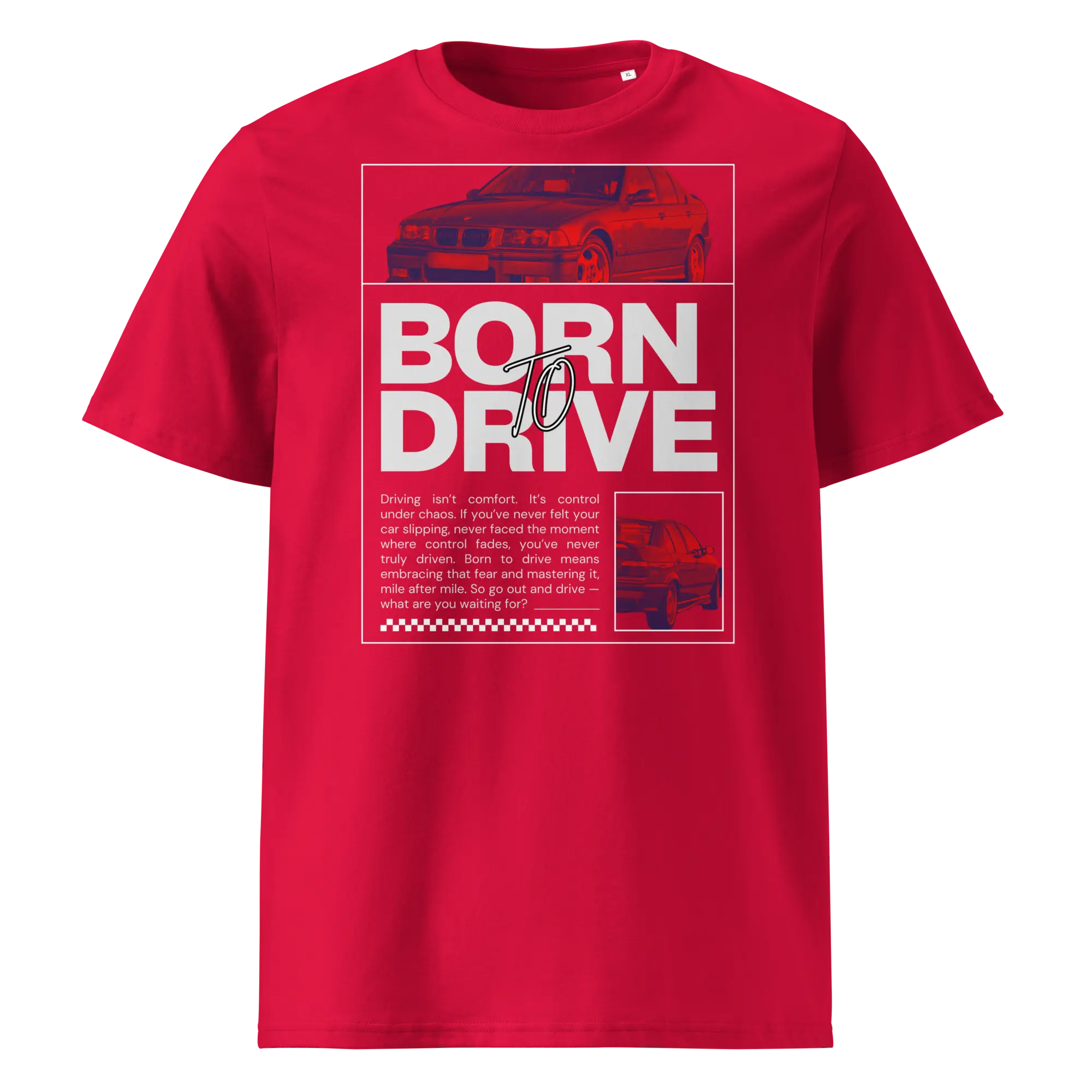Punase t-särgi põhipilt (särgi kujundus) „Born To Drive BMW E36 M3 graafiline kujundus filtriga töödeldud punase BMW E36 M3 esivaatega ja suure slogani tekstiga.“ Ülemine suur autopilt „Filtriga töödeldud BMW E30 M3 esivaade punastes toonides mustal taustal.“ Alumine väike autopilt „Filtriga töödeldud BMW E30 M3 tagantvaade parema nurga alt punastes toonides.“
