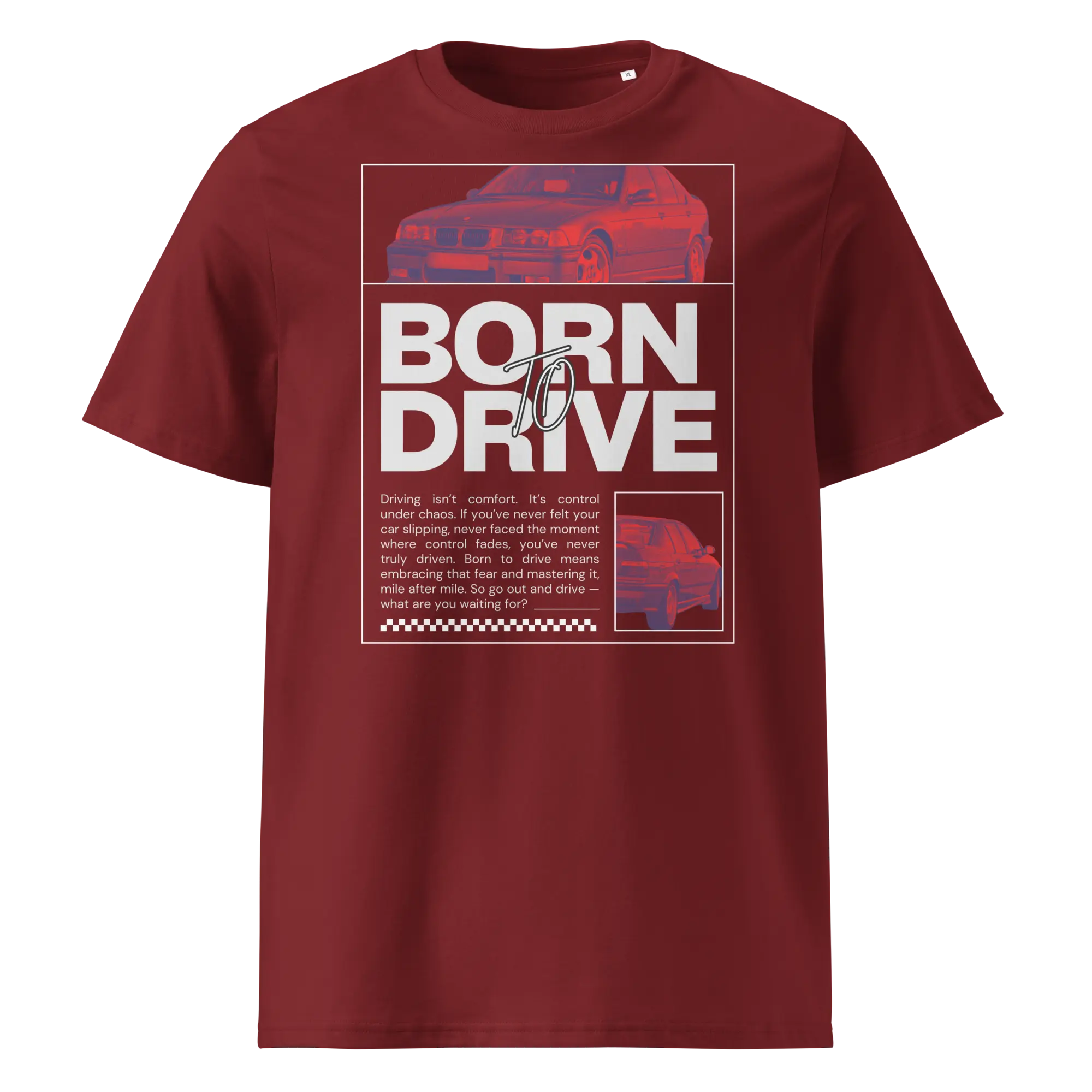 Tumepunase t-särgi põhipilt (särgi kujundus) „Born To Drive BMW E36 M3 graafiline kujundus filtriga töödeldud punase BMW E36 M3 esivaatega ja suure slogani tekstiga.“ Ülemine suur autopilt „Filtriga töödeldud BMW E30 M3 esivaade punastes toonides mustal taustal.“ Alumine väike autopilt „Filtriga töödeldud BMW E30 M3 tagantvaade parema nurga alt punastes toonides.“