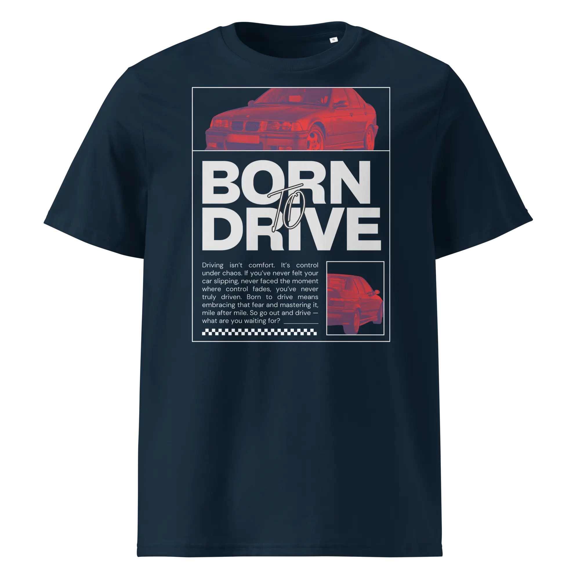 Tumesinise t-särgi põhipilt (särgi kujundus) „Born To Drive BMW E36 M3 graafiline kujundus filtriga töödeldud punase BMW E36 M3 esivaatega ja suure slogani tekstiga.“ Ülemine suur autopilt „Filtriga töödeldud BMW E30 M3 esivaade punastes toonides mustal taustal.“ Alumine väike autopilt „Filtriga töödeldud BMW E30 M3 tagantvaade parema nurga alt punastes toonides.“
