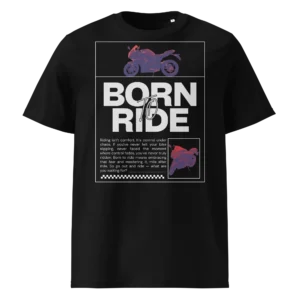 Must orgaanilisest puuvillast T-särk Born To Ride disainiga, millel on filtriga töödeldud Kawasaki ER-6F mootorratta pilt ja suur slogani tekst.