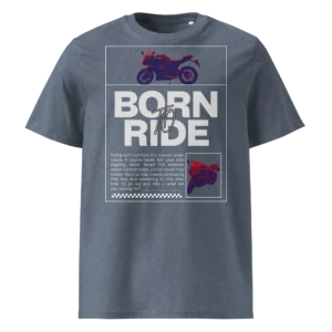 Hallikas-sinine orgaanilisest puuvillast T-särk Born To Ride disainiga, millel on filtriga töödeldud Kawasaki ER-6F mootorratta pilt ja suur slogani tekst.