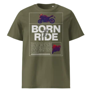 Tumeroheline - khaki orgaanilisest puuvillast T-särk Born To Ride disainiga, millel on filtriga töödeldud Kawasaki ER-6F mootorratta pilt ja suur slogani tekst.