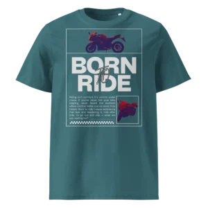 Sinakas-roheline orgaanilisest puuvillast T-särk Born To Ride disainiga, millel on filtriga töödeldud Kawasaki ER-6F mootorratta pilt ja suur slogani tekst.