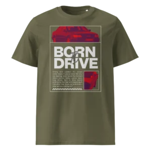 Tumeroheline ehk khaki tooni orgaanilisest puuvillast T-särk Born To Drive disainiga, millel on filtriga töödeldud Audi S4 Avant pilt, suur slogani tekst ja väike lisapilt all paremal.