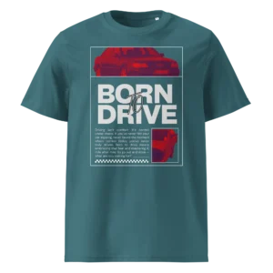 Sinakas roheline orgaanilisest puuvillast T-särk Born To Drive disainiga, millel on filtriga töödeldud Audi S6 / S6 Plus pilt ja suur slogani tekst.