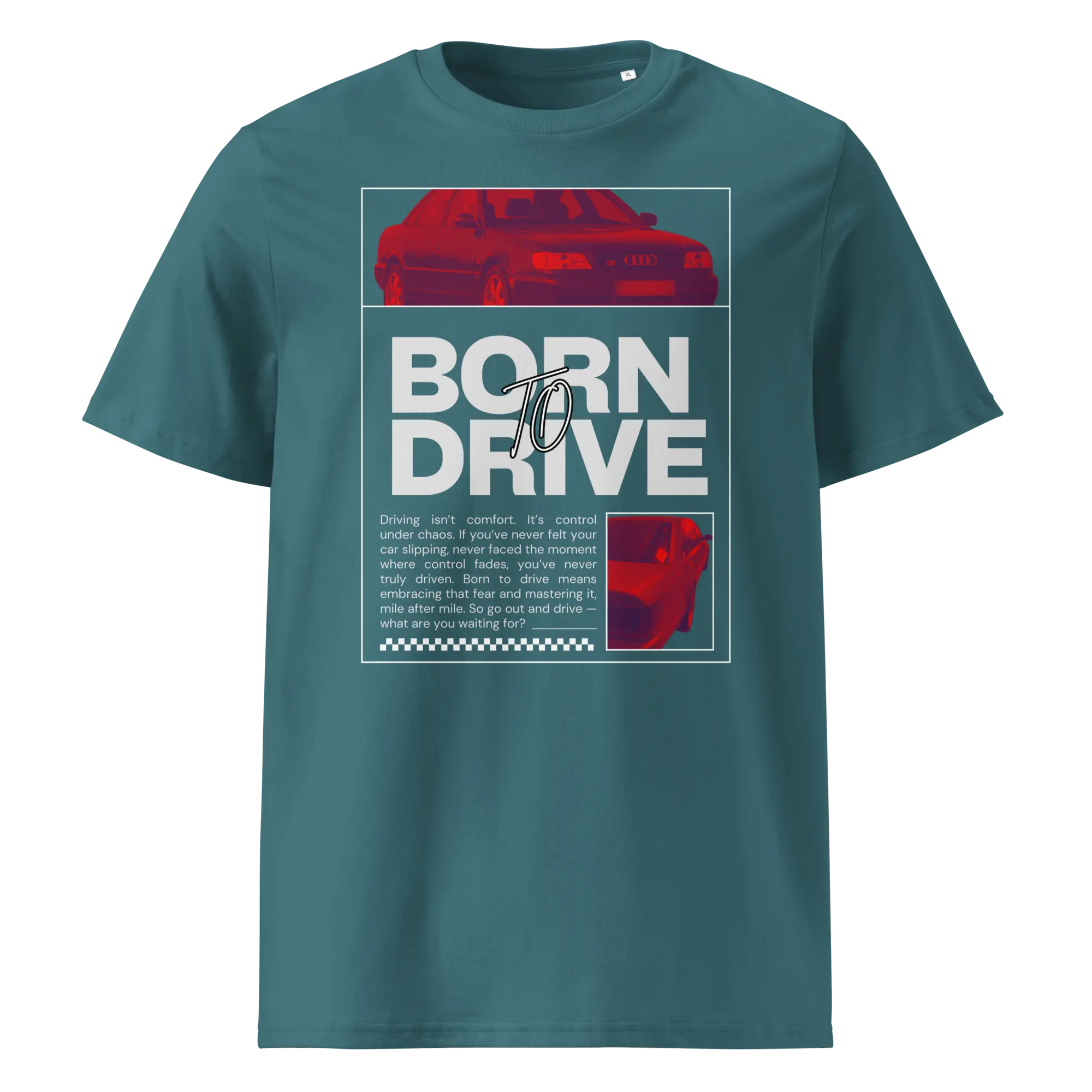 Sinakas roheline orgaanilisest puuvillast T-särk Born To Drive disainiga, millel on filtriga töödeldud Audi S6 / S6 Plus pilt ja suur slogani tekst.