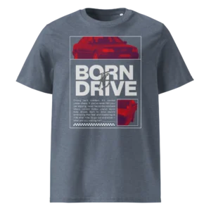 Sinakas hallika tooniga orgaanilisest puuvillast T-särk Born To Drive disainiga, millel on filtriga töödeldud Audi S4 Avant pilt, suur slogani tekst ja väike lisapilt all paremal.