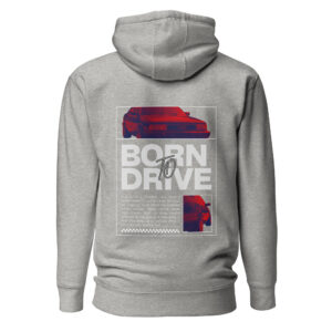 Halli värvi Born To Drive kapuutsiga pusa selg Audi 200 Quattro graafikaga, Born To Drive teksti ja motiveerivate lausetega, mis on ka tootekirjelduses välja toodud. Allpool paremal veel Audi 200 tagaosast pilt.