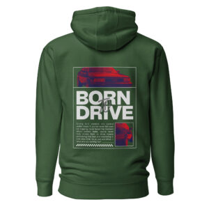 Tumeroheline Born To Drive kapuutsiga pusa selg Audi 200 Quattro graafikaga, Born To Drive teksti ja motiveerivate lausetega, mis on ka tootekirjelduses välja toodud. Allpool paremal veel Audi 200 tagaosast pilt.