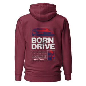 Tumepunane Born To Drive kapuutsiga pusa selg Audi 200 Quattro graafikaga, Born To Drive teksti ja motiveerivate lausetega, mis on ka tootekirjelduses välja toodud. Allpool paremal veel Audi 200 tagaosast pilt.