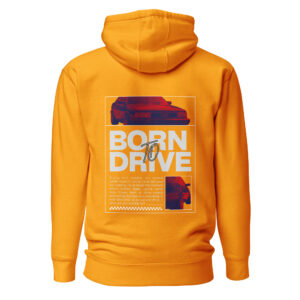 Kollane Born To Drive kapuutsiga pusa selg Audi 200 Quattro graafikaga, Born To Drive teksti ja motiveerivate lausetega, mis on ka tootekirjelduses välja toodud. Allpool paremal veel Audi 200 tagaosast pilt.
