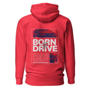 Erkpunane Born To Drive kapuutsiga pusa selg Audi 200 Quattro graafikaga, Born To Drive teksti ja motiveerivate lausetega, mis on ka tootekirjelduses välja toodud. Allpool paremal veel Audi 200 tagaosast pilt.