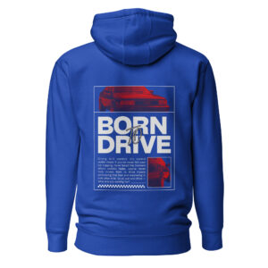 Tumesinine Born To Drive kapuutsiga pusa selg Audi 200 Quattro graafikaga, Born To Drive teksti ja motiveerivate lausetega, mis on ka tootekirjelduses välja toodud. Allpool paremal veel Audi 200 tagaosast pilt.