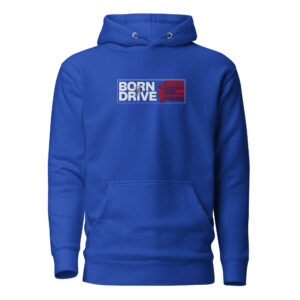 Tumesinine Born To Drive kapuutsiga pusa esikülg, millel trükitähtedega BORN TO DRIVE ja selle kõrval Audi 200 pilt tagantvaates.