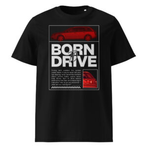 Must T-särk Born To Drive kujundusega, millel on filtriga töödeldud Audi A4 Avant külgvaade punastes toonides ja väike tagantvaate pilt.