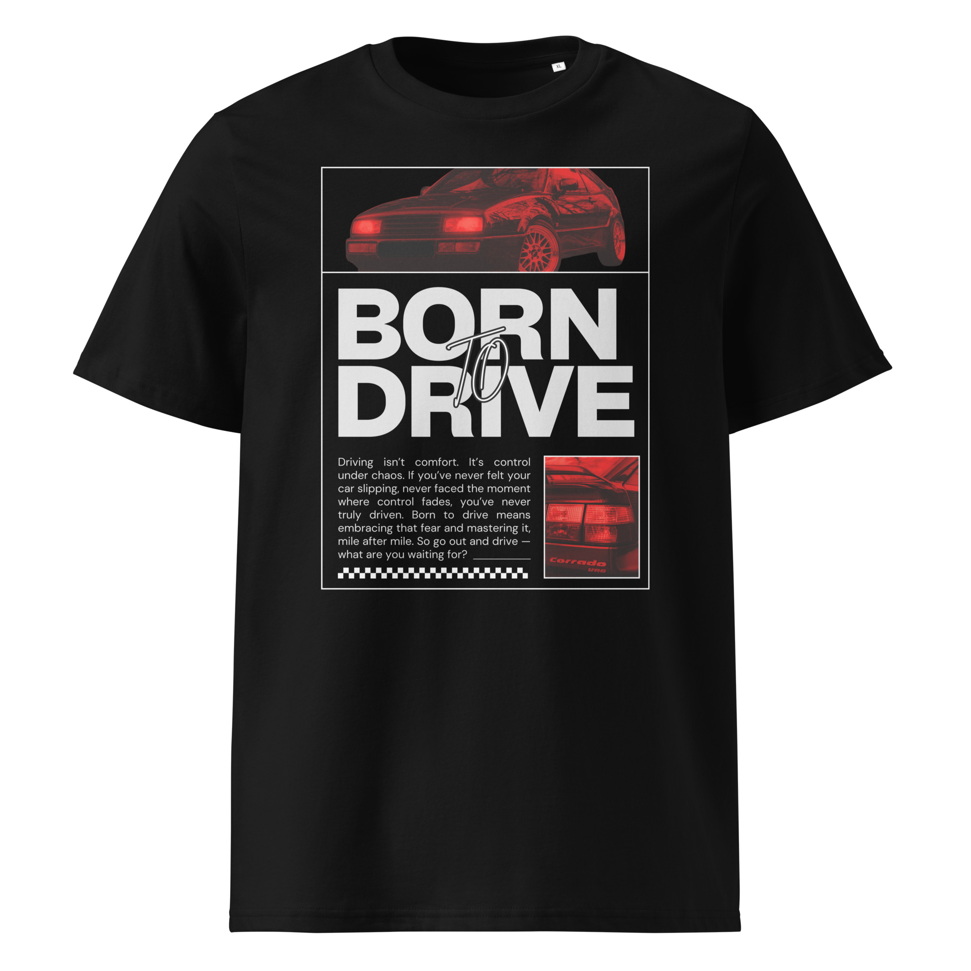 Must Born To Drive t-särgi disain punase filtriga VW Corrado II generatsioonist (1995), ülaosas esiosa ja külgvaade, all suur tekst “Born To Drive” ning kõrval detailipilt Corrado ikoonilisest tagaosast.