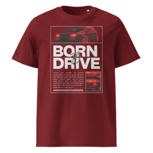 Tumepunane Born To Drive t-särgi disain punase filtriga VW Corrado II generatsioonist (1995), ülaosas esiosa ja külgvaade, all suur tekst “Born To Drive” ning kõrval detailipilt Corrado ikoonilisest tagaosast.