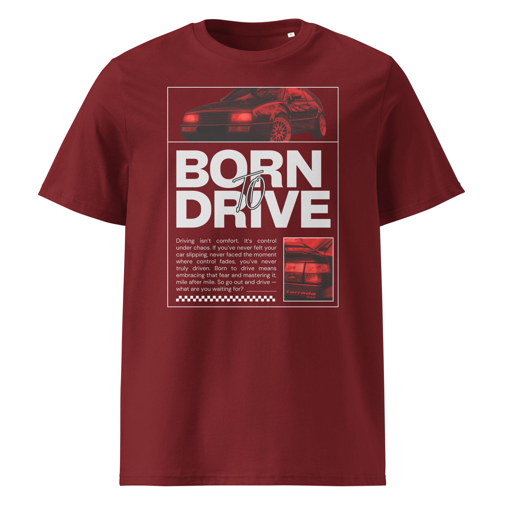 Tumepunane Born To Drive t-särgi disain punase filtriga VW Corrado II generatsioonist (1995), ülaosas esiosa ja külgvaade, all suur tekst “Born To Drive” ning kõrval detailipilt Corrado ikoonilisest tagaosast.