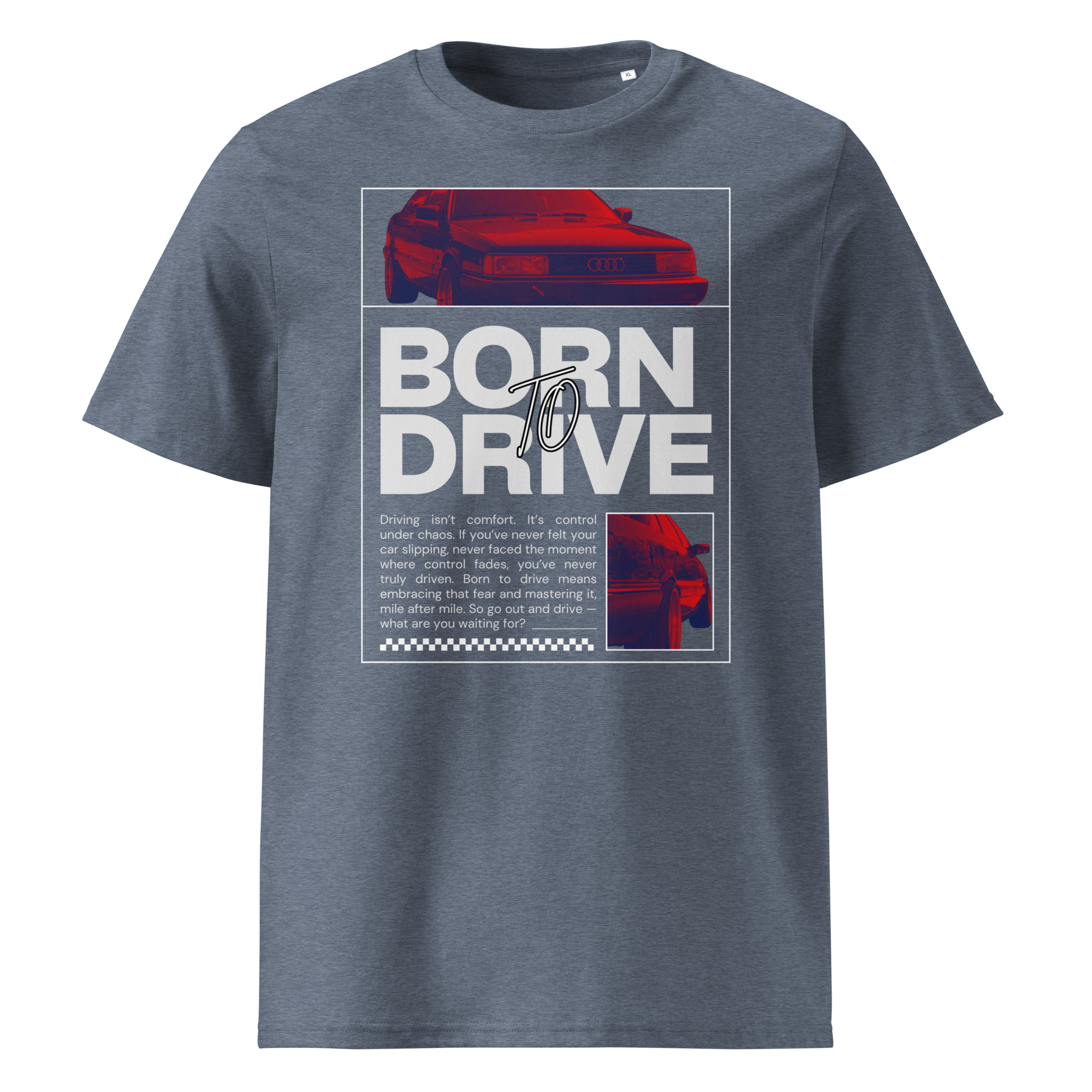 Tumesinakas unisex t-särk retro stiilis punasest autost AUDI 200 20v Quattro, mille värvi on rikastatud sinise ja punase värvifiltriga ning suure kirjaga ‘Born to Drive’, mille all on motiveeriv tsitaat sõitmise ja kirgliku autokultuuri kohta.