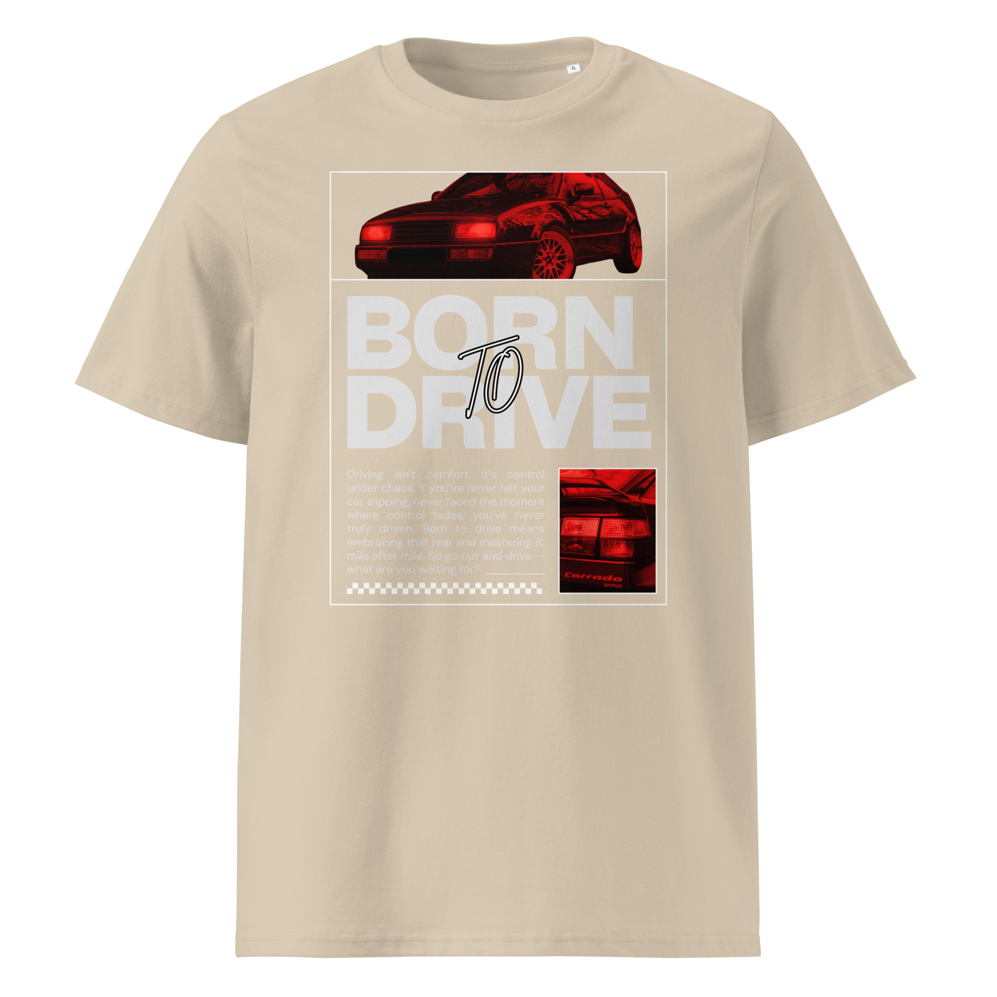 Beež sinine Born To Drive t-särgi disain punase filtriga VW Corrado II generatsioonist (1995), ülaosas esiosa ja külgvaade, all suur tekst “Born To Drive” ning kõrval detailipilt Corrado ikoonilisest tagaosast.