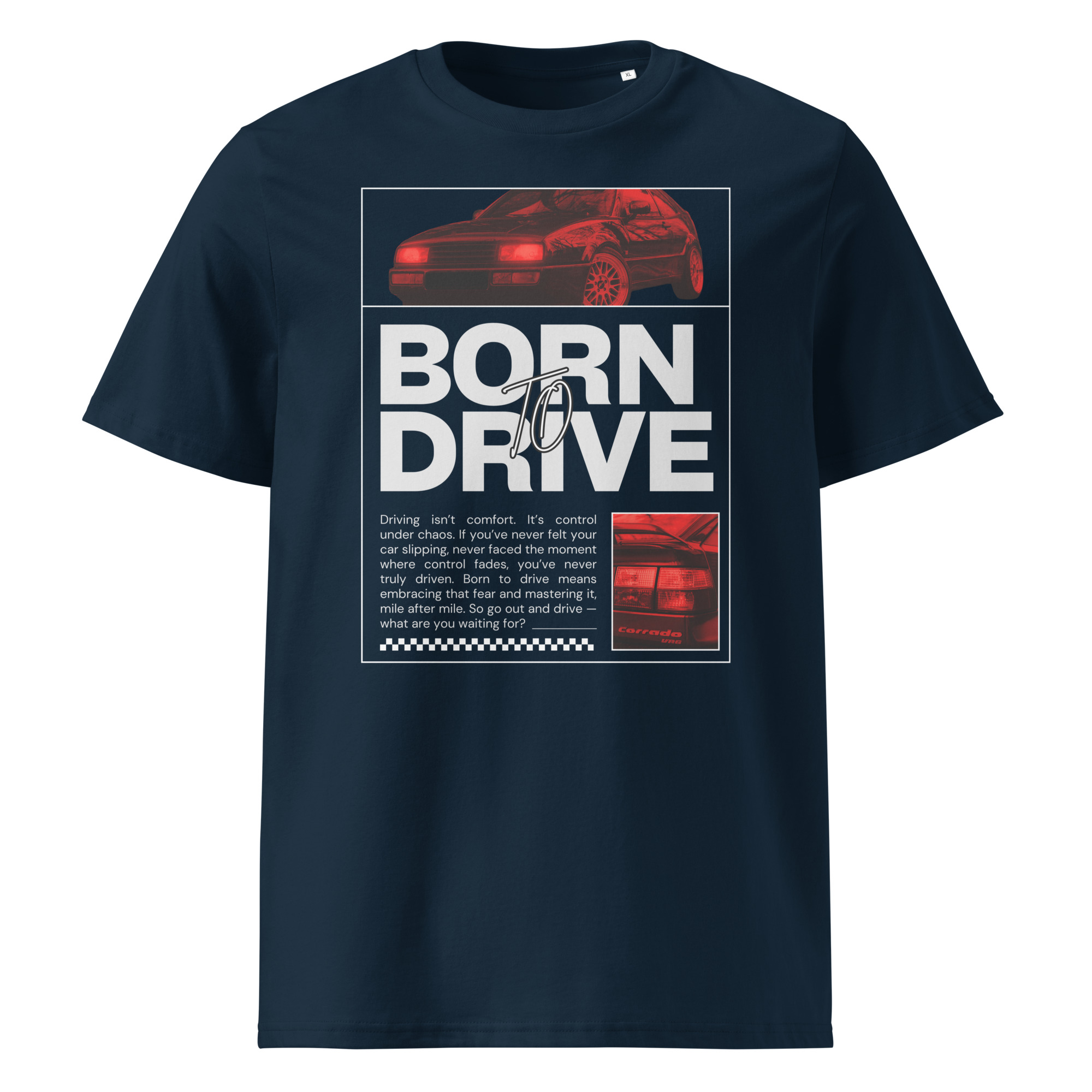 Tumesinine Born To Drive t-särgi disain punase filtriga VW Corrado II generatsioonist (1995), ülaosas esiosa ja külgvaade, all suur tekst “Born To Drive” ning kõrval detailipilt Corrado ikoonilisest tagaosast.