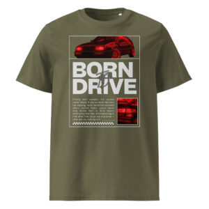 Tumeroheline Born To Drive t-särgi disain punase filtriga VW Corrado II generatsioonist (1995), ülaosas esiosa ja külgvaade, all suur tekst “Born To Drive” ning kõrval detailipilt Corrado ikoonilisest tagaosast.