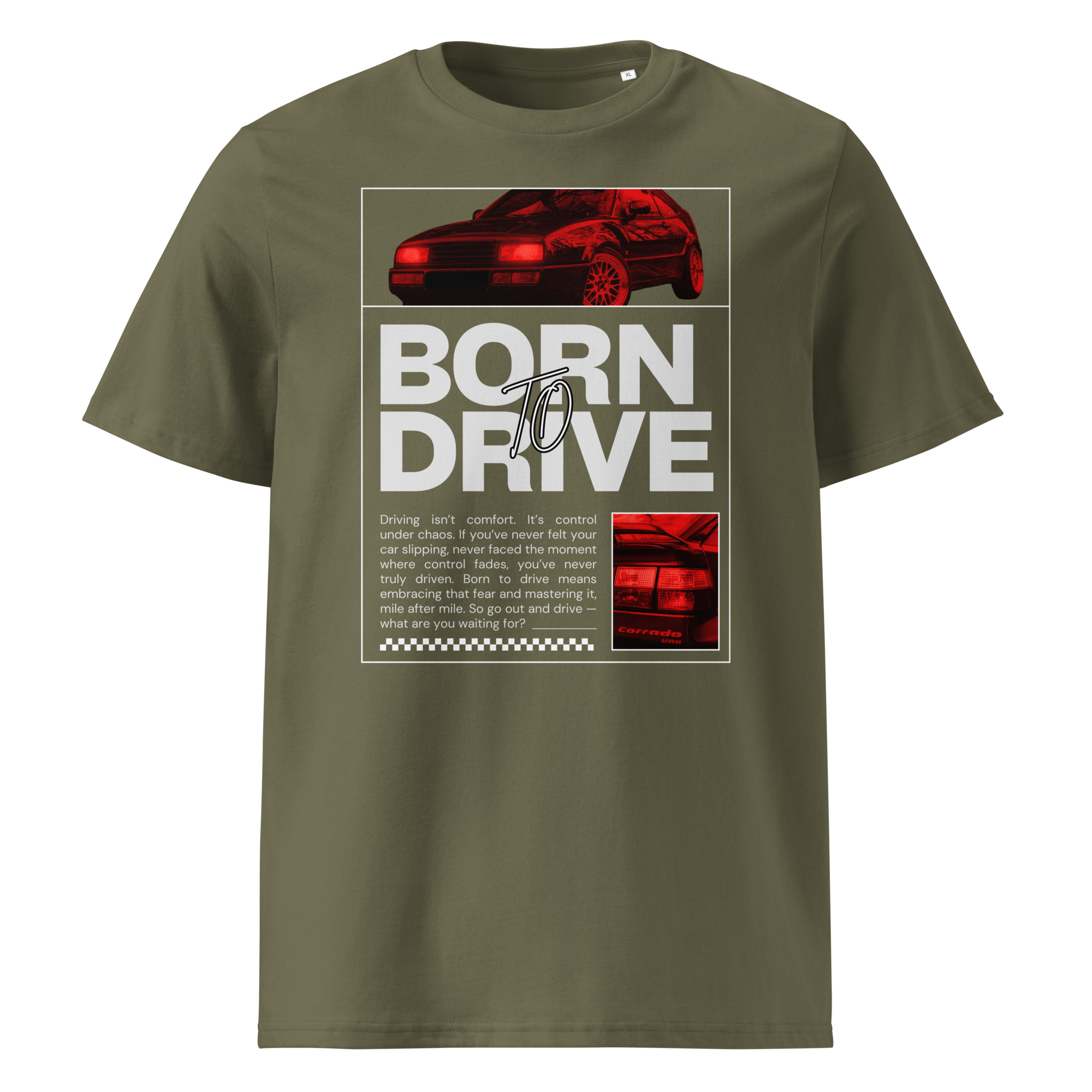 Tumeroheline Born To Drive t-särgi disain punase filtriga VW Corrado II generatsioonist (1995), ülaosas esiosa ja külgvaade, all suur tekst “Born To Drive” ning kõrval detailipilt Corrado ikoonilisest tagaosast.