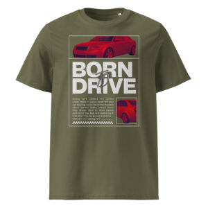 Tumeroheline Born To Drive t-särgi disain punase filtriga Audi A4 B6 Quattro esiosa ja külgvaatega. Keskel suur tekst “Born To Drive”, all ingliskeelne motiveeriv tekst ning paremal väike detailipilt auto tagaosast.