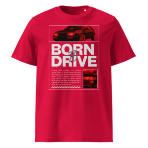 Punane Born To Drive t-särgi disain punase filtriga VW Corrado II generatsioonist (1995), ülaosas esiosa ja külgvaade, all suur tekst “Born To Drive” ning kõrval detailipilt Corrado ikoonilisest tagaosast.