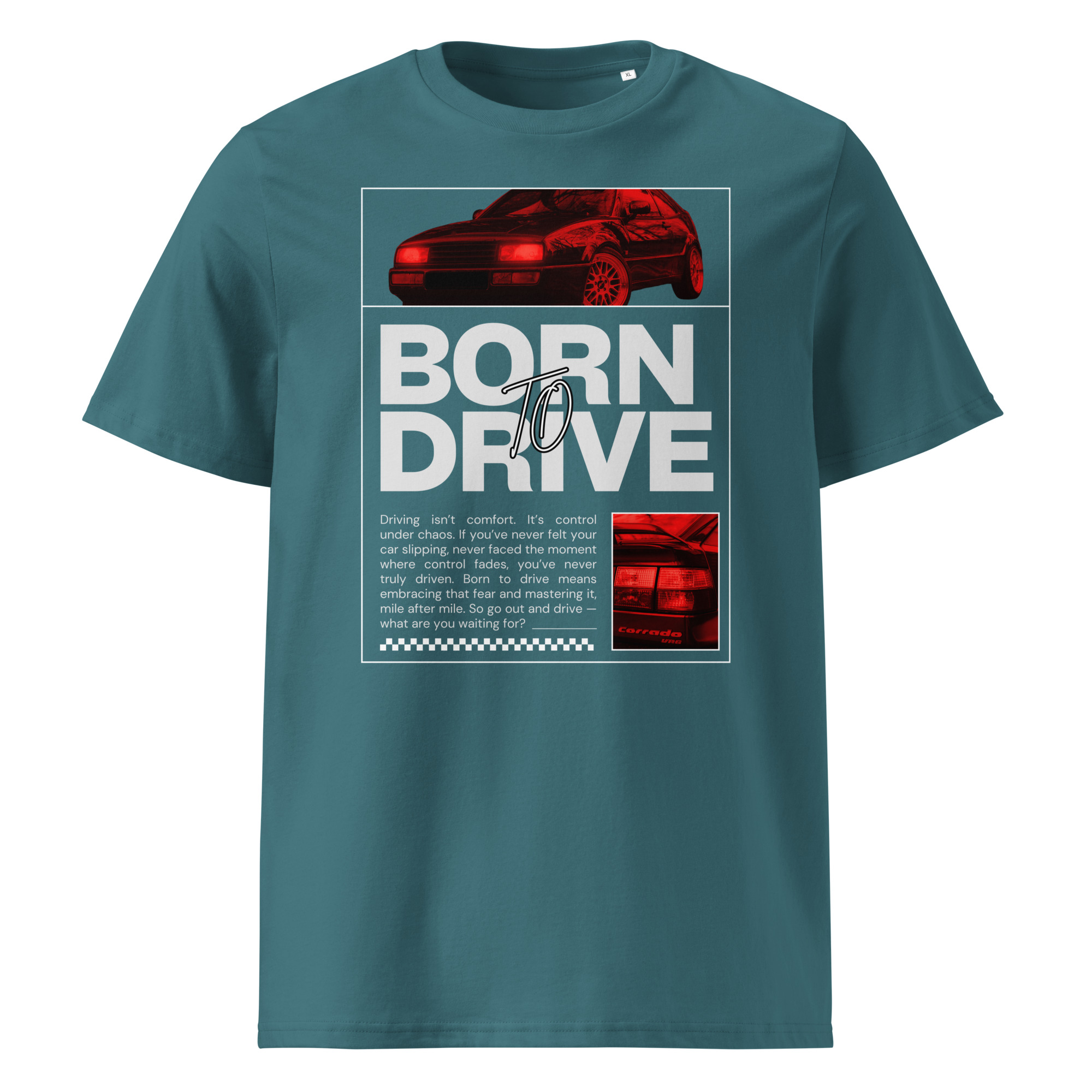 Rohekas Born To Drive t-särgi disain punase filtriga VW Corrado II generatsioonist (1995), ülaosas esiosa ja külgvaade, all suur tekst “Born To Drive” ning kõrval detailipilt Corrado ikoonilisest tagaosast.