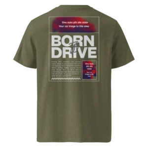 Tumeroheline Born To Drive oma auto pildiga t-särk tagantvaates. Seljal on plakatistiilis disain suure tekstiga “Born To Drive” ning kaks märgitud ala, kuhu lisatakse kliendi auto pilt. Üleval ja paremal all on tekst “Sinu auto pilt siia alale / Your car image to this area”
